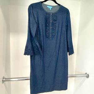 Draper James size 8 bell sleeve denim knee length dress button collar EUC
